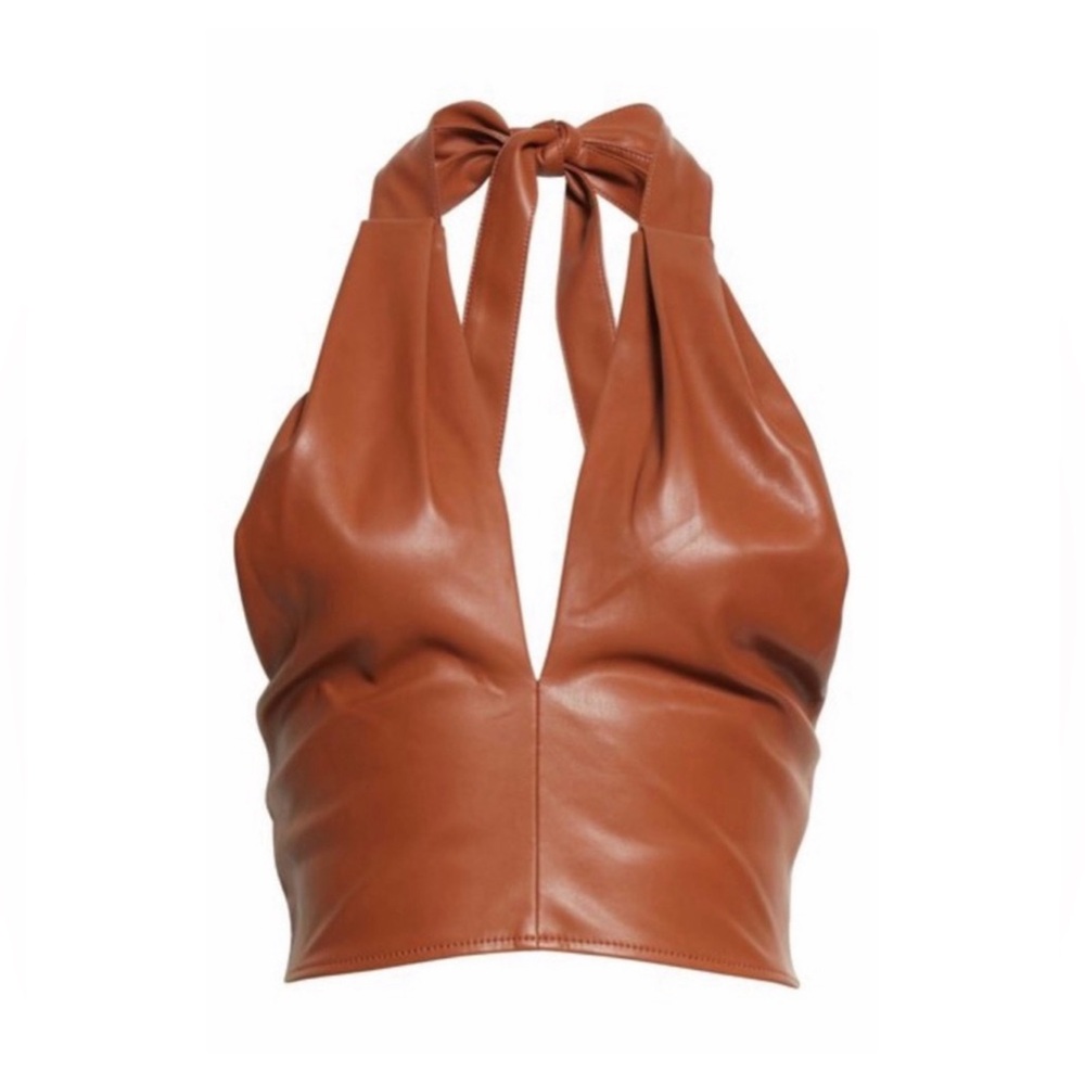STAUD Vegan Leather Open Back Halter Crop Top